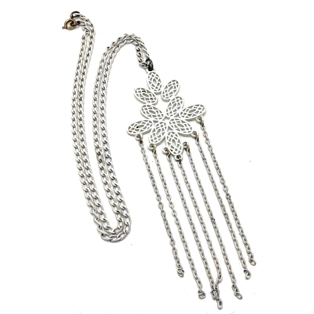 Vintage White Enamel Pendant with Chains Mid Century Modern 24"